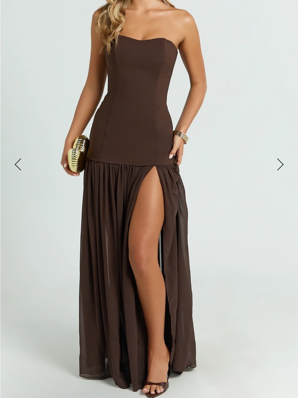 Showpo Chocolate Brown Strapless Maxi Dress with High Slit